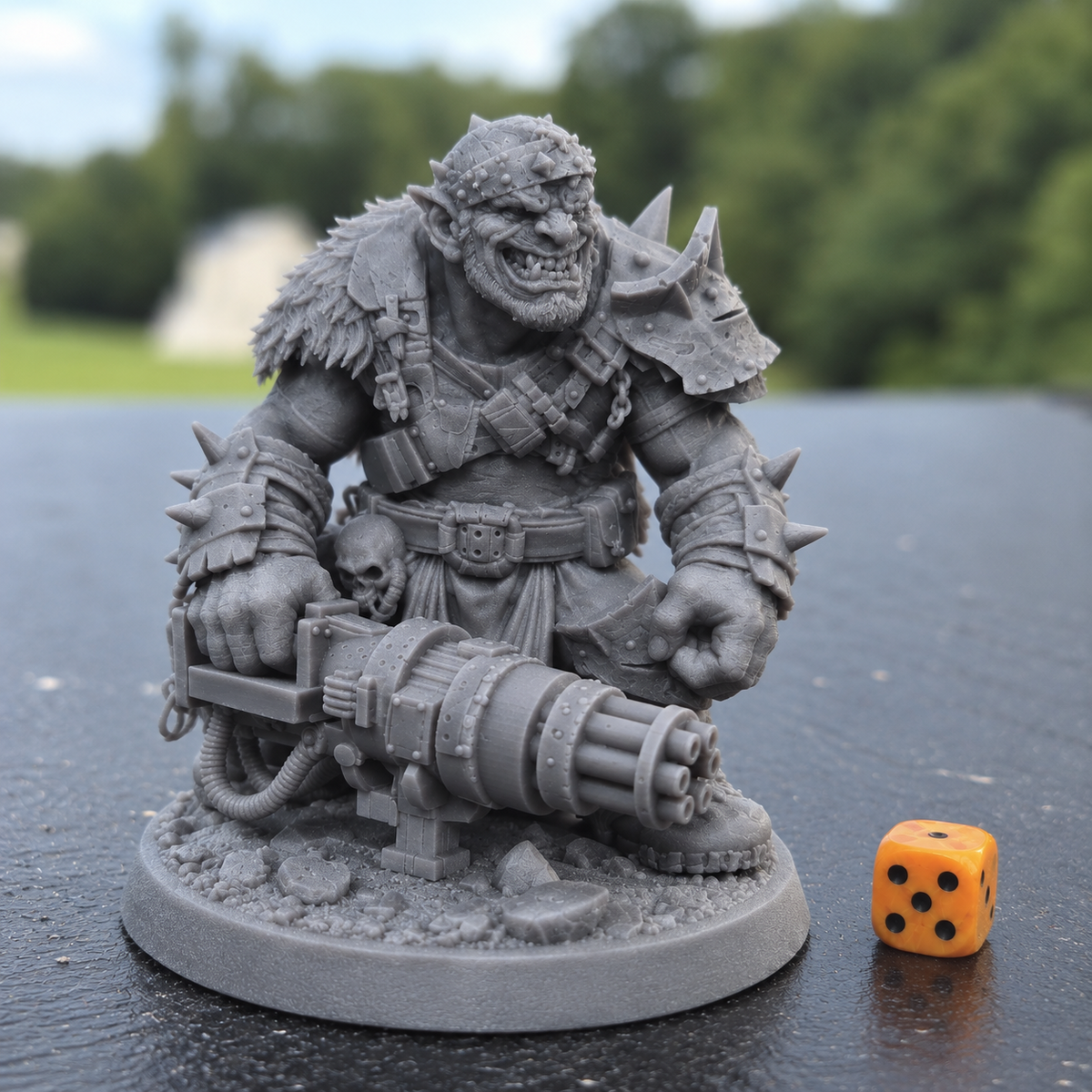 Unpainted Dakka Bragg miniature with rotary gun beside an orange die