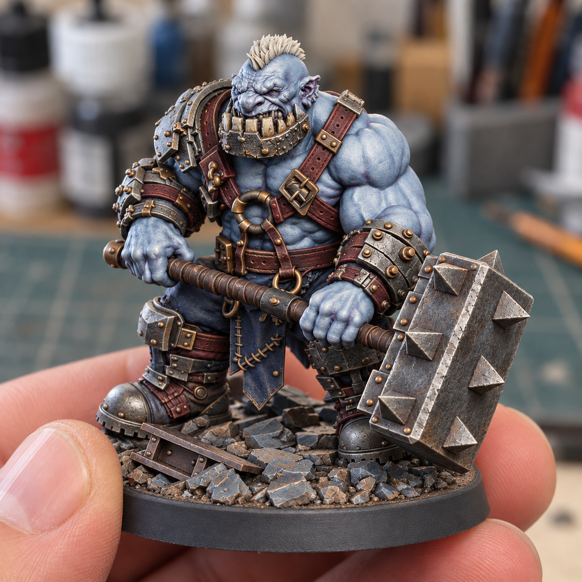 AI paint concept: icy blue skin with violet shadows, oxblood leather and cold steel.