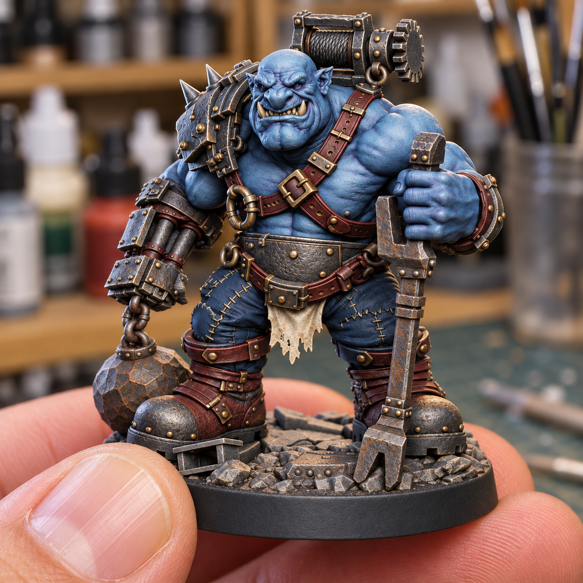 Thud Chainfist AI paint inspiration: Deepwater Blue with violet shadows and dark steel.