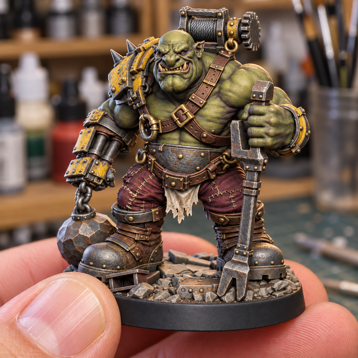Thud Chainfist AI paint inspiration: Scrapyard Green with olive skin and chipped yellow armor.