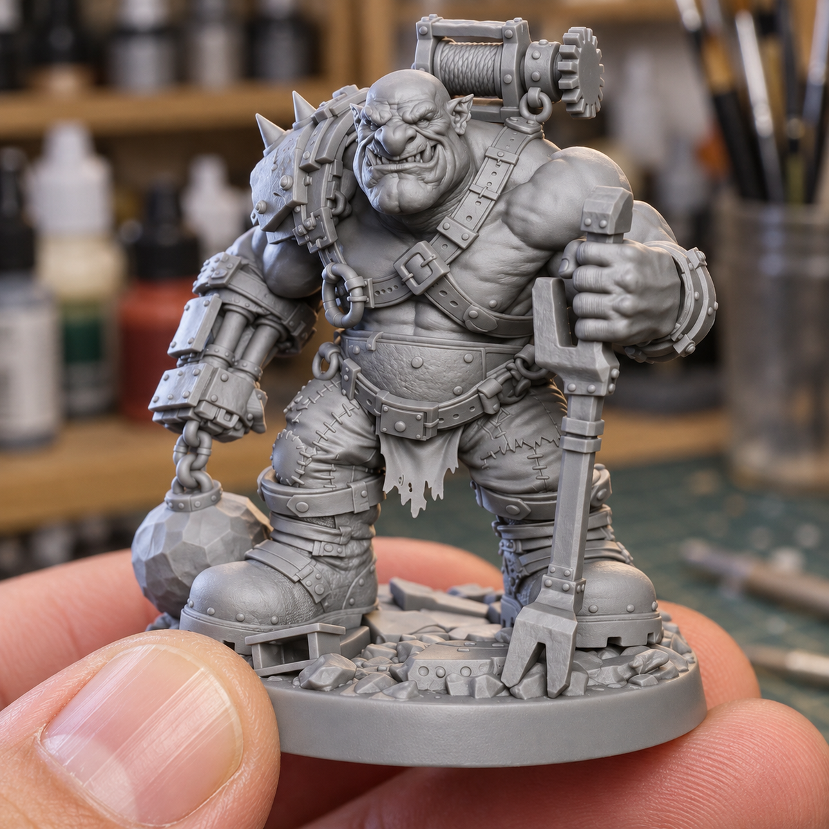 Thud Chainfist unpainted resin miniature for paint comparison.