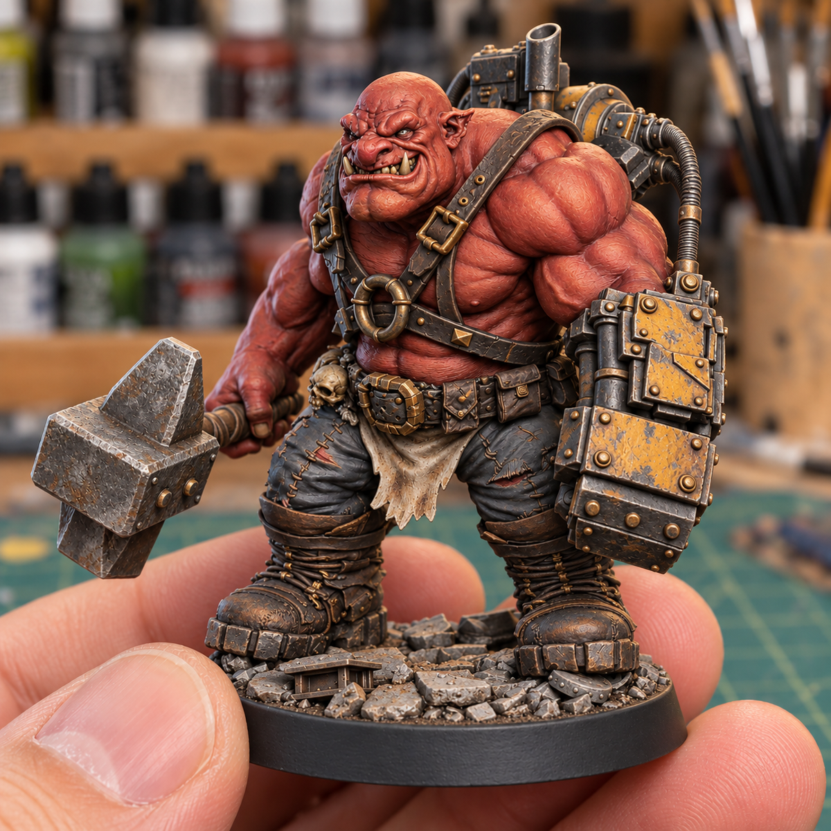Thumm Boilerfist AI paint inspiration: Furnace Red with terracotta skin and weathered ochre machinery.