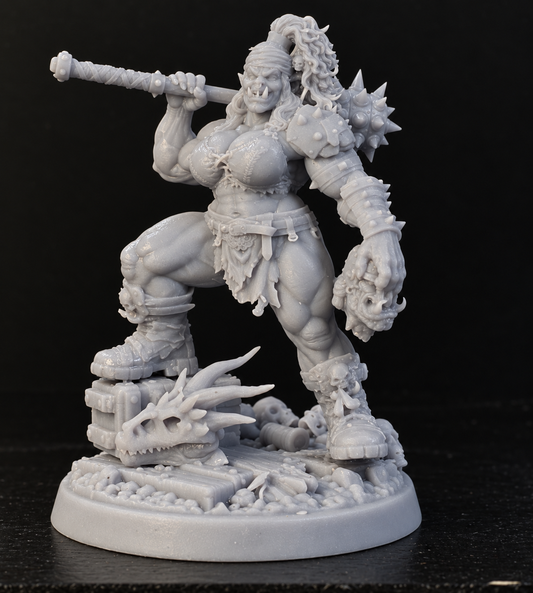 Big Bertha Female Ork Warrior Resin Miniature – Spiked Mace, Trophy Head & Scenic Base